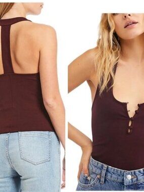 Intimately Free People Hang Out Cami Burgundy halter Tank size Large buttons